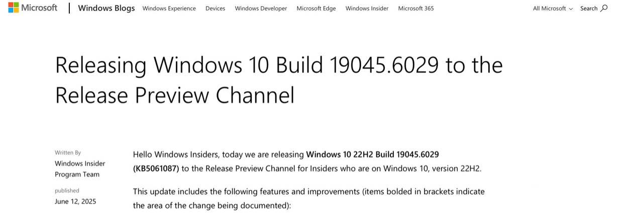 Win10 RP 19045.6029预览版发布:附KB5061087完整更新日志