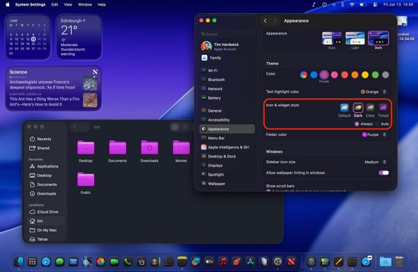 苹果macOS 26 Tahoe主题功能大升级:可定制图标/高亮文本/文件夹颜色