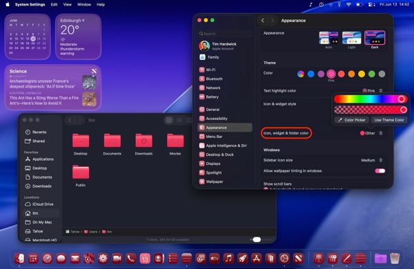 苹果macOS 26 Tahoe主题功能大升级:可定制图标/高亮文本/文件夹颜色