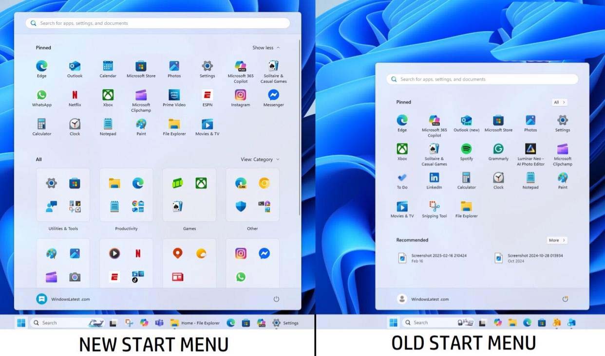 新旧版开始菜单相比! Win11 24H2新版开始菜单应用分类仅支持预设类别