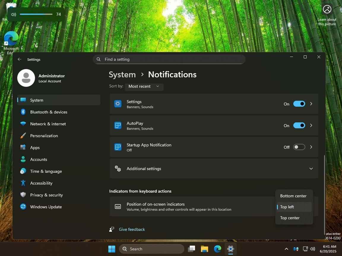 Win11新增功能测试中:支持用户定制屏幕指示器位置