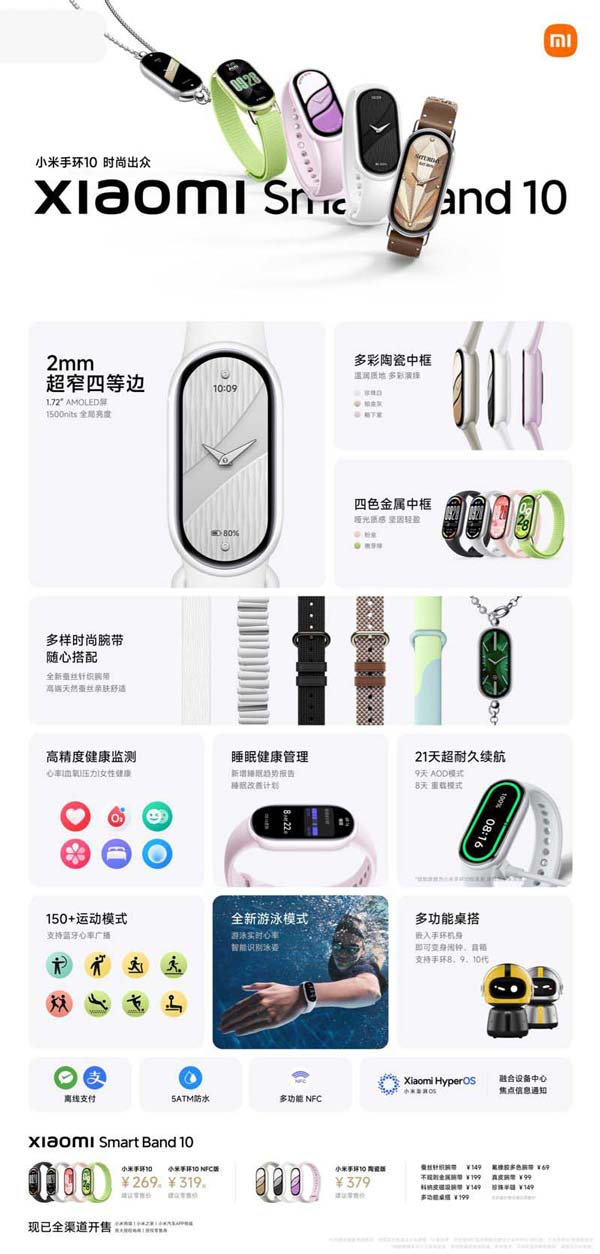 行业首次2.0mm极窄四等边跑道屏! 小米手环10配置与价格汇总